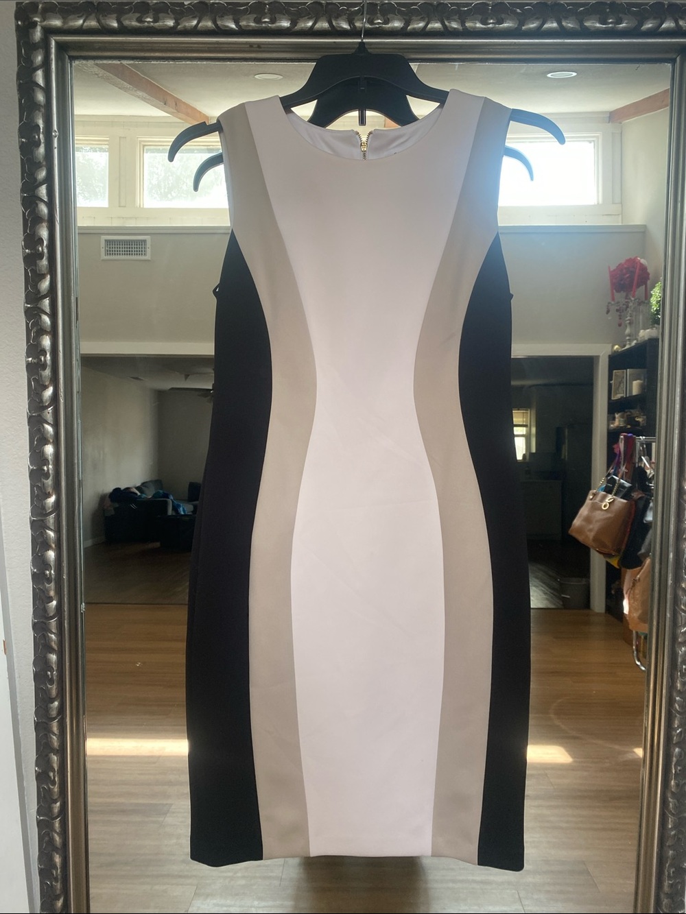 Calvin Klein Black, White & Taupe Colorblock Midi Sheath Dress